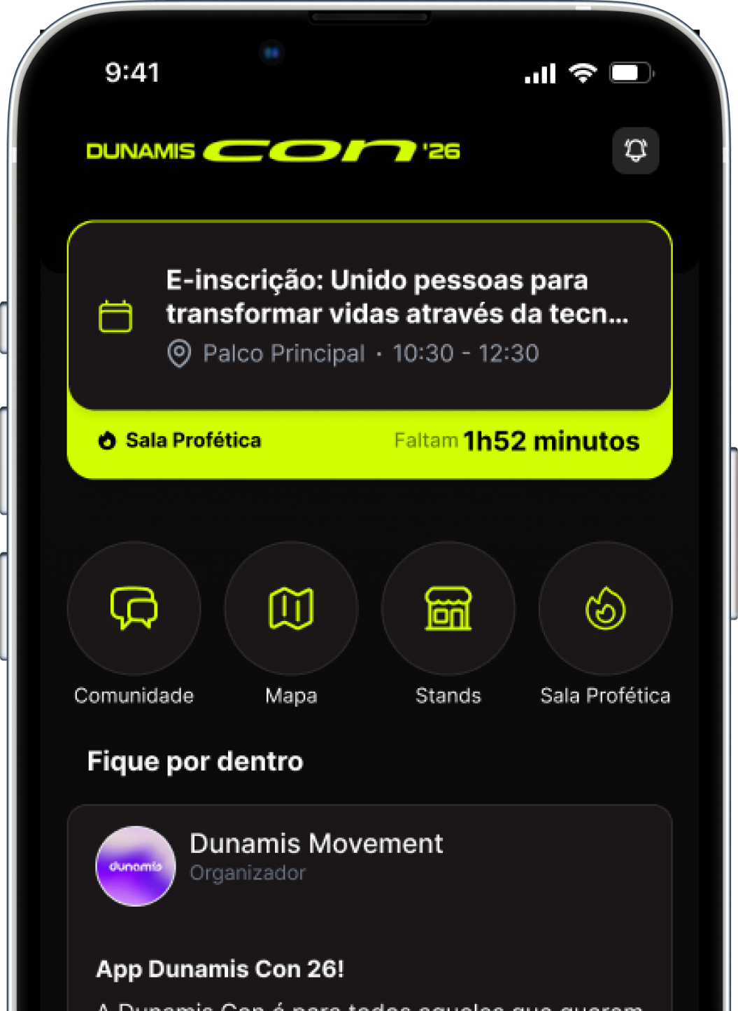 Prévia do app Dunamis Con ’26 com programação, comunidade, mapa, stands e Sala Profética.